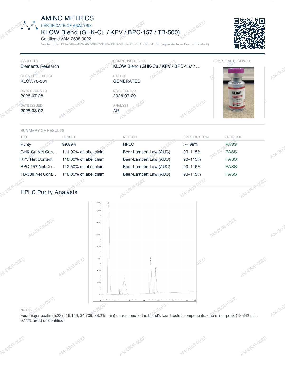 Certificate of analysis for KLOW (BPC-157 / GHK-Cu / TB-500 / KPV), lot KLOW70-501, page 1 of 2
