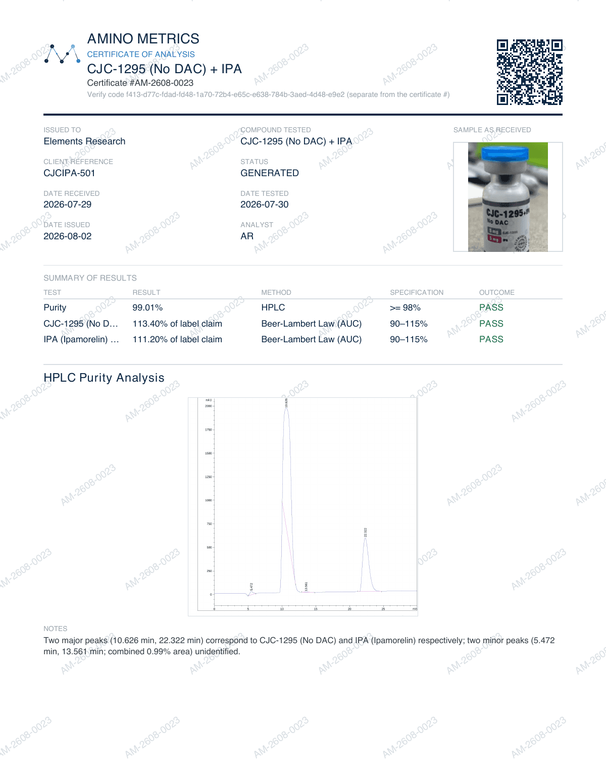 Certificate of analysis for CJC-1295 + Ipamorelin (No DAC), lot CJCIPA-501, page 1 of 2