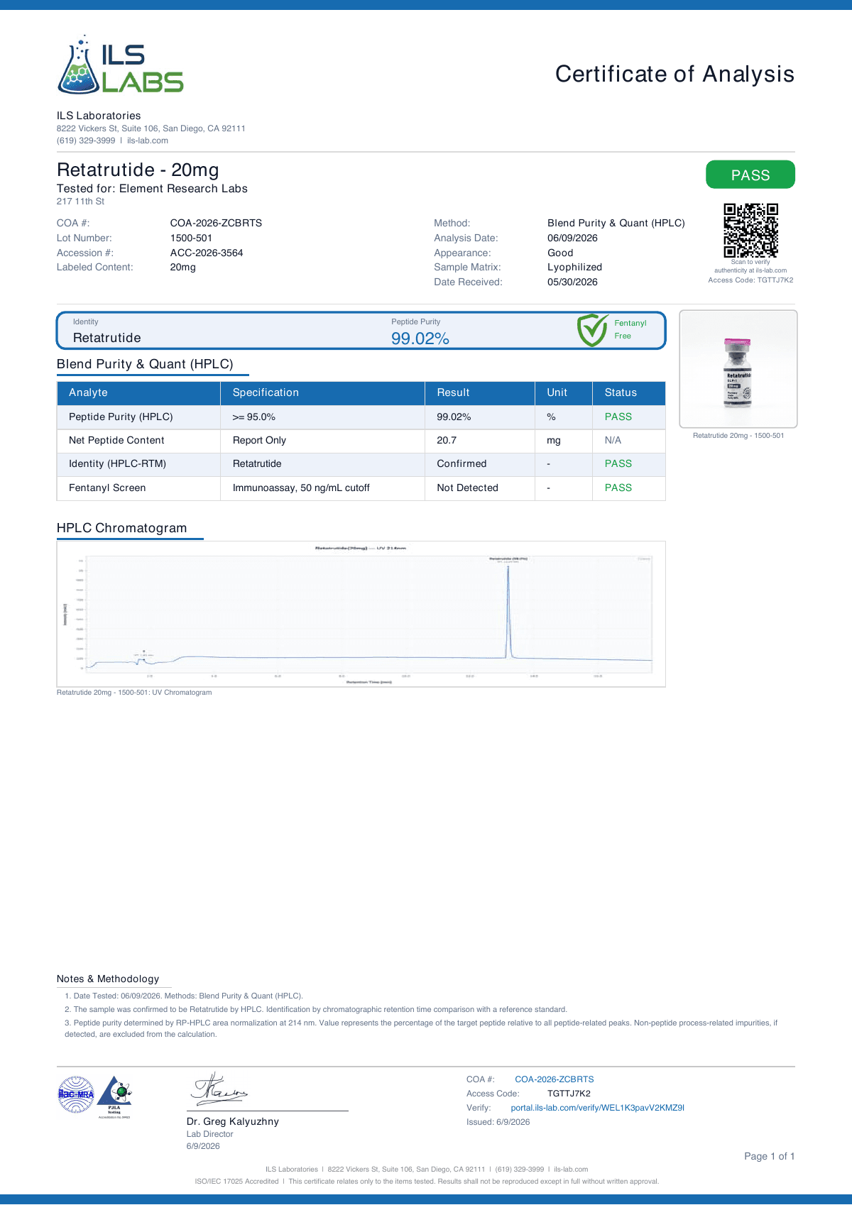 Certificate of analysis for Retatrutide, lot 1500-501